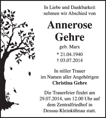 Traueranzeige von Annerose Gehre von Super Sonntag Dessau / Köthen
