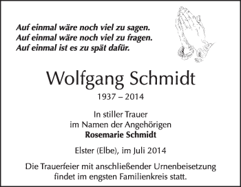 Traueranzeige von Wolfgang Schmidt von WVG - Wochenspiegel Wittenberg