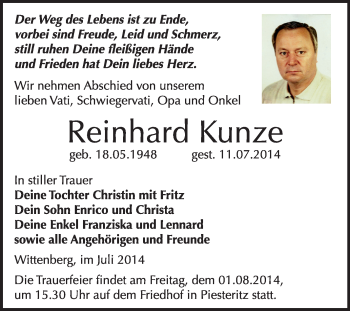 Traueranzeige von Reinhard Kunze von WVG - Wochenspiegel Wittenberg