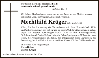 Traueranzeige von Mechthild Krüger von Super Sonntag Aschersleben