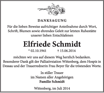 Traueranzeige von Elfriede Schmidt von WVG - Wochenspiegel Wittenberg