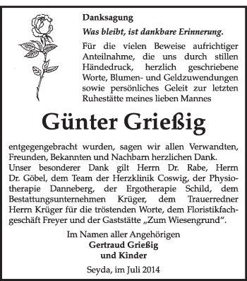 Traueranzeige von Günter Grießig von Super Sonntag Wittenberg