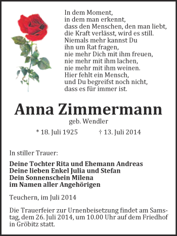 Traueranzeige von Anna Zimmermann von WVG - Wochenspiegel NMB / WSF / ZTZ