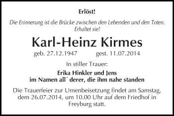 Traueranzeige von Karl-Heinz Kirmes von WVG - Wochenspiegel Merseburg