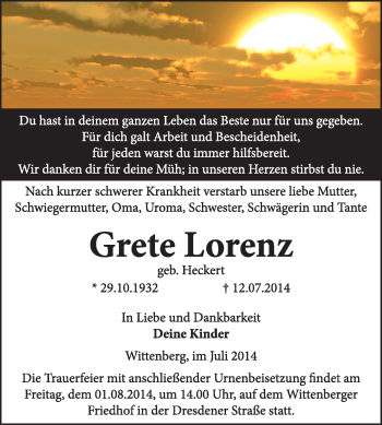 Traueranzeige von Grete Lorenz von WVG - Wochenspiegel Wittenberg