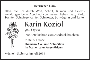 Traueranzeige von Karin Koziol von WVG - Wochenspiegel Merseburg
