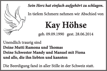 Traueranzeige von Kay Höhse von Super Sonntag Wittenberg