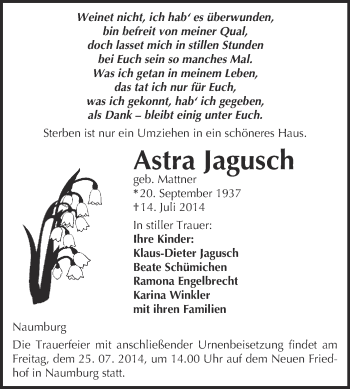 Traueranzeige von Astra Jagusch von WVG - Wochenspiegel NMB / WSF / ZTZ