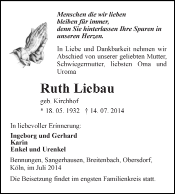 Traueranzeige von Ruth Liebau von Super Sonntag SGH Mansf. Land