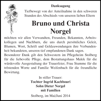 Traueranzeige von Bruno und Christa Norgel von WVG - Wochenspiegel Quedlinburg