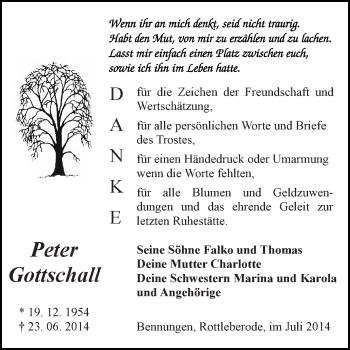 Traueranzeige von Peter Gottschall von Super Sonntag SGH Mansf. Land