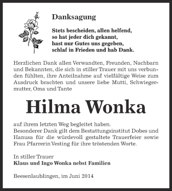 Traueranzeige von Hilma Wonka von Super Sonntag Bernburg