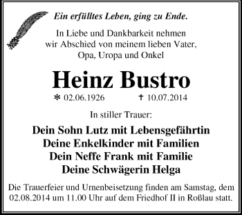 Traueranzeige von Heinz Bustro von Super Sonntag Dessau / Köthen