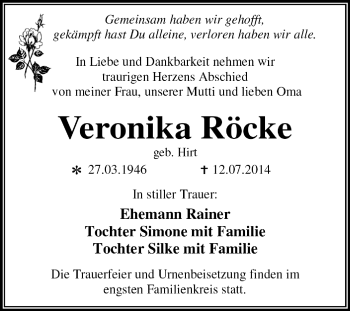Traueranzeige von Veronika Röcke von Super Sonntag Dessau / Köthen