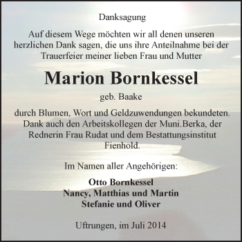 Traueranzeige von Marion Bornkessel von WVG - Wochenspiegel SGH