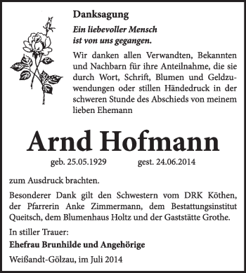 Traueranzeige von Arnd Hofmann von Super Sonntag Dessau / Köthen