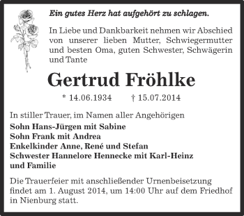 Traueranzeige von Gertrud Fröhlke von Super Sonntag Bernburg