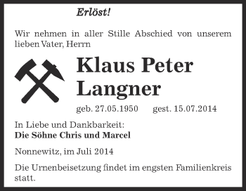 Traueranzeige von Klaus Peter Langner von Super Sonntag Zeitz