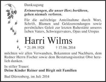 Traueranzeige von Harri Wilms von Super Sonntag Merseburg