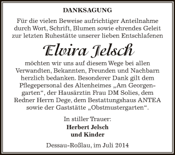 Traueranzeige von Elvira Jelsch von WVG - Wochenspiegel Dessau / Köthen