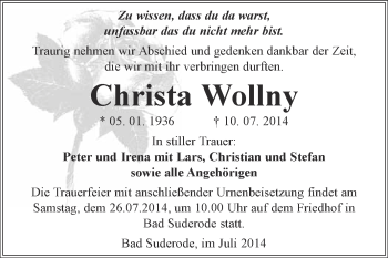 Traueranzeige von Christa Wollny von WVG - Wochenspiegel Quedlinburg