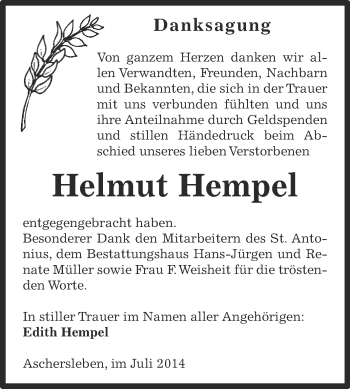 Traueranzeige von Helmut Hempel von Super Sonntag Aschersleben