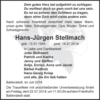 Traueranzeige von Hans-Jürgen Stellmach von WVG - Wochenspiegel Quedlinburg