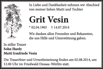 Traueranzeige von Grit Vesin von Super Sonntag Dessau / Köthen