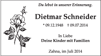 Traueranzeige von Dietmar Schneider von WVG - Wochenspiegel Wittenberg