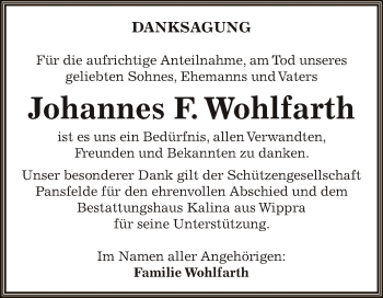 Traueranzeige von Johannes F. Wohlfarth von Super Sonntag SGH Mansf. Land