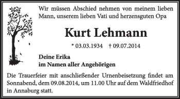 Traueranzeige von Kurt Lehmann von WVG - Wochenspiegel Wittenberg