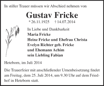 Traueranzeige von Gustav Fricke von WVG - Wochenspiegel Quedlinburg