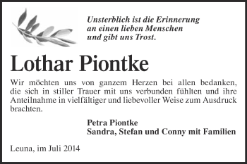 Traueranzeige von Lothar Piontke von Super Sonntag Merseburg