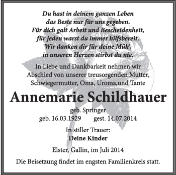 Traueranzeige von Annemarie Schildhauer von Super Sonntag Wittenberg