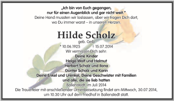 Traueranzeige von Hilde Scholz von WVG - Wochenspiegel Quedlinburg