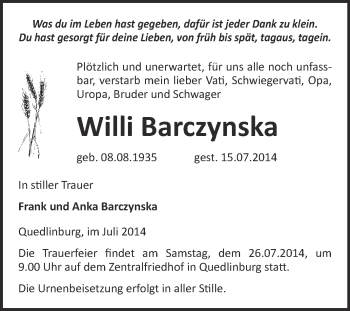 Traueranzeige von Willi Barczynska von WVG - Wochenspiegel Quedlinburg