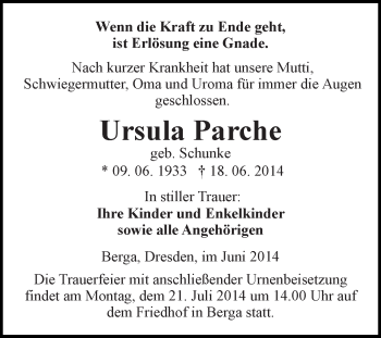 Traueranzeige von Ursula Parche von Super Sonntag SGH Mansf. Land