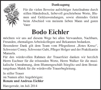 Traueranzeige von Bodo Eichler von WVG - Wochenspiegel Quedlinburg