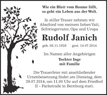 Traueranzeige von Rudolf Janich von Super Sonntag Bernburg