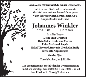 Traueranzeige von Johannes Winkler von Super Sonntag Wittenberg