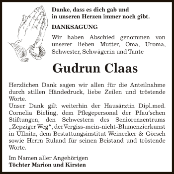Traueranzeige von Gudrun Claas von Super Sonntag Bernburg