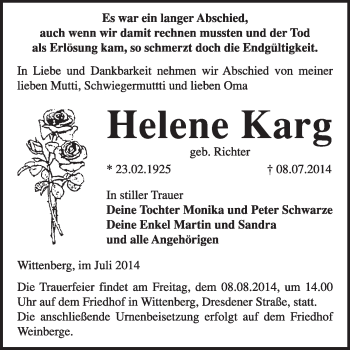 Traueranzeige von Helene Karg von WVG - Wochenspiegel Wittenberg
