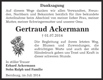 Traueranzeige von Gertraud Ackermann von Super Sonntag Bernburg