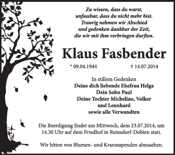 Traueranzeige von Klaus Fasbender von Super Sonntag Wittenberg