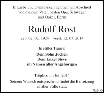 Traueranzeige von Rudolf Rost von Super Sonntag Zeitz