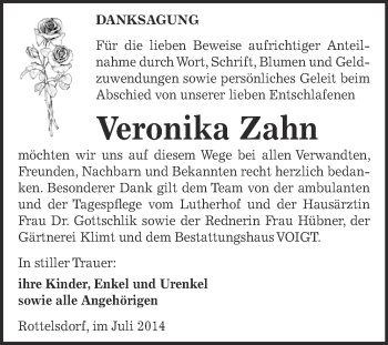 Traueranzeige von Veronika Zahn von Super Sonntag SGH Mansf. Land