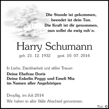 Traueranzeige von Harry Schumann von Super Sonntag Zeitz