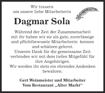 Traueranzeige von Dagmar Sola von Super Sonntag Bernburg