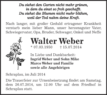 Traueranzeige von Walter Weber von Wochenspiegel Mansfelder Land