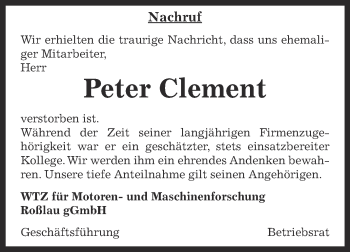 Traueranzeige von Peter Clement von WVG - Wochenspiegel Dessau / Köthen